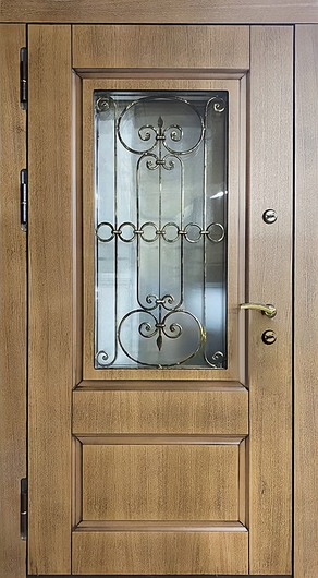 Входная «тёплая» термодверь со стеклопакетом, ковкой и шпонированными плитами МДФ