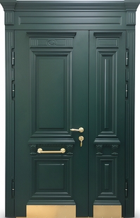 Стальная полуторная термодверь с капителями, отбойниками и панелями МДФ зеленого цвета с багетом