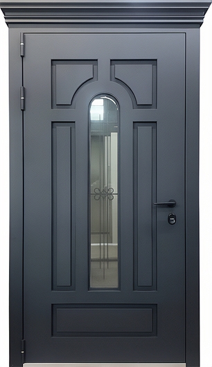 Металлофиленчатая входная термодверь с карнизом, ковкой, остеклением и порошковой покраской антрацит