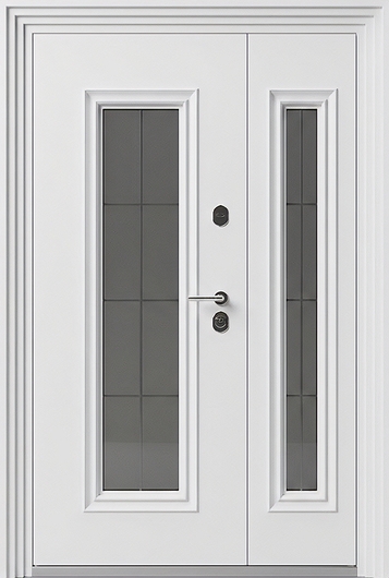 Полуторастворчатая уличная термодверь со скрытыми петлями, стеклопакетами и белым полимерным окрашиванием